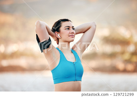 Exercise, woman and stretching for health, workout or fitness for wellness, arm band or outdoor. Female athlete, healthy girl or training for balance, relax or endurance for cardio, power or thinking 129721299