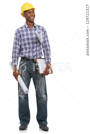 Construction worker, blueprint and check list with black man in architecture industry by white background. Happy architect, paper or helmet with smile, vision or planning for design, building or work Construction worker, blueprint and check list with black man in architecture industry by white background. Happy architect, paper or helmet with smile, vision or planning for design, building or work 129721327