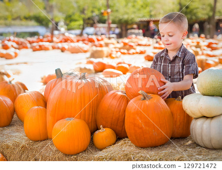 Young Cute Boy Having Fun at the Pumpkin Patch on a Sunny Fall Day. 129721472