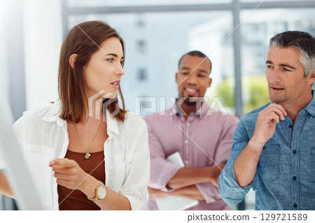 Diversity, creative planning and design team working for marketing management or leadership strategy in office. Teamwork, collaboration workshop and startup advertising meeting or presentation 129721589