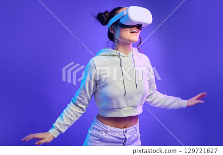 Future of ai, woman with vr headset and digital transformation for metaverse experience in technology. Person streaming augmented reality simulation, futuristic gaming and ux for cyber innovation 129721627