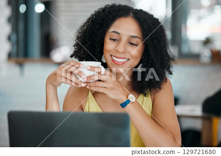 Black woman, laptop or drinking coffee in cafe or restaurant for internet blog, student research or startup planning. Smile, happy or freelance creative on remote work technology for small business 129721680