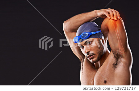Sports swimmer, x ray and man stretching on black background for exercise, training and workout. Fitness, water sport mockup and athlete with copy space for wellness, cardio and swimming competition 129721717
