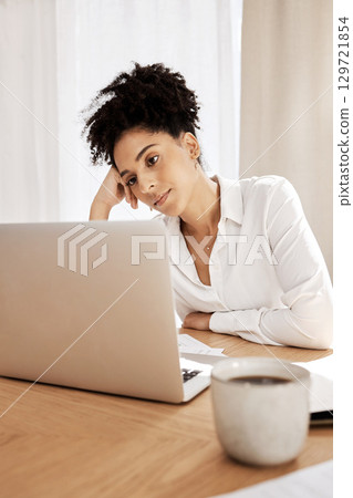 Business woman, depression and laptop with anxiety, mental health and stress for online report in home office. Black woman, frustrated, bored or burnout of work, personal life or bad news on email Business woman, depression and laptop with anxiety, mental health and stress for online report in home office. Black woman, frustrated, bored or burnout of work, personal life or bad news on email 129721854