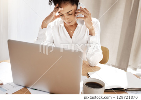 Phone call, stress and black woman frustrated, laptop and reporting theft with bills at desk with laptop. African American female, lady or cellphone for connection, irregular payment query and debt. 129721870