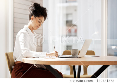 Corporate, laptop or black business woman writing in notebook research, strategy planning or working on SEO marketing review. Employee, worker or manager write innovation company vision or mission 129721878