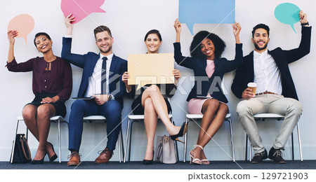 Interview, group and portrait with poster, sign or speech bubble at social media marketing agency. People smile, diversity or board for hiring, recruitment or opportunity at digital marketing company 129721903