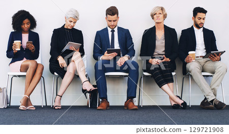 Tablet, phone and recruitment people row with young, senior and corporate candidates in work lobby. Social media, email and online communication of group in chair queue at professional job interview. 129721908