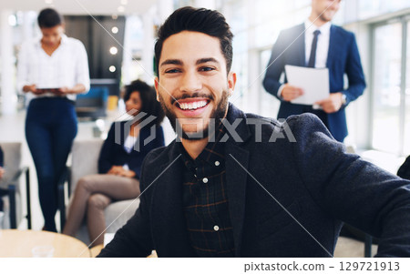 Happy, portrait and young businessman in office with colleagues on meeting break in New York, USA. Gen z, corporate and professional person in workplace with optimistic smile for job satisfaction. Happy, portrait and young businessman in office with colleagues on meeting break in New York, USA. Gen z, corporate and professional person in workplace with optimistic smile for job satisfaction. 129721913