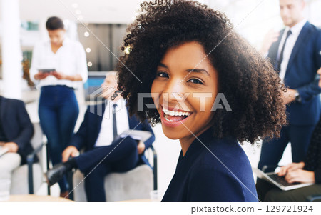 Smile, happy and portrait of black woman at startup meeting for corporate workshop, diversity and networking project. Teamwork, confident and proud afro woman in lounge with men and women in office. 129721924