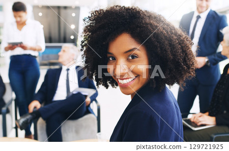 Portrait, business and happy black woman in busy office, law company and executive agency. Confident young female corporate, smile and motivation, happiness and working, professional career and staff 129721925