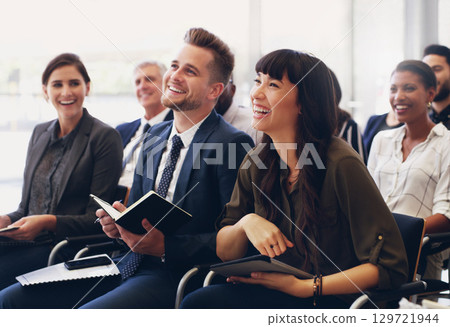 Diversity, happy or business people in workshop success presentation, business meeting or company seminar. Teamwork, collaboration and startup worker with smile for tradeshow or conference audience Diversity, happy or business people in workshop success presentation, business meeting or company seminar. Teamwork, collaboration and startup worker with smile for tradeshow or conference audience 129721944