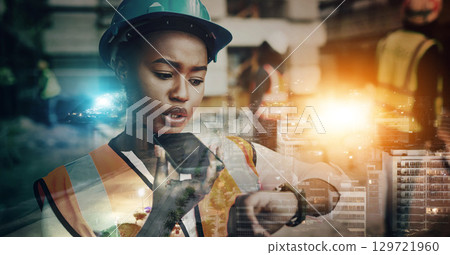 Engineering, black woman and phone with city overlay for time management communication and development. Civil engineer, technician or construction leader with safety helmet for future architecture 129721960