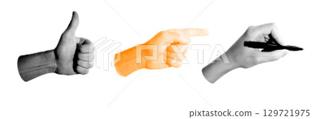 Set of halftone images of hands. Pop art retro style illustration 129721975