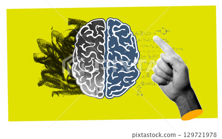 Contemporary Collage of a Human Brain Split by Hemisphere with Pointing Hand 129721978