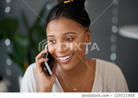 Black woman, phone call and talking with smile, communication and happy. Young female, smartphone and girl conversation, speaking and happiness with discussion, relax and content with confidence. 129721988
