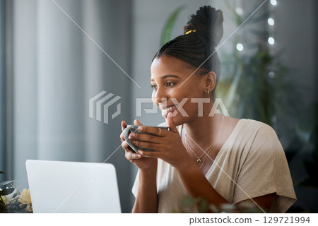Coffee, laptop and black women relax in a living room, drinking coffee and watching internet show. Tea, online show tv show and black woman enjoy day off, weekend and streaming entertainment mockup 129721994