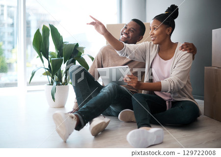 Black couple, tablet and new home or property real estate with boxes, planning home interior and online web search. Homeowners, african man and woman happy in new house or apartment online shopping 129722008