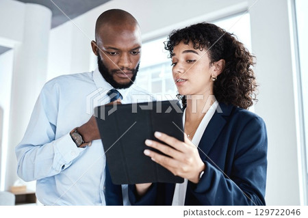 Office tablet, team collaboration and black people review finance portfolio feedback, stock market database or investment. Economy data, forex account manager or trader trading NFT, bitcoin or crypto 129722046