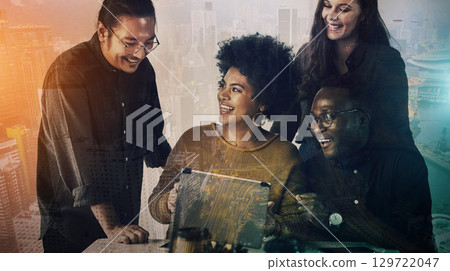 Teamwork, overlay and business people planning for future, strategy and brainstorming ideas in office. Collaboration, city double exposure and workers on tablet for research, website and b2b network Teamwork, overlay and business people planning for future, strategy and brainstorming ideas in office. Collaboration, city double exposure and workers on tablet for research, website and b2b network 129722047