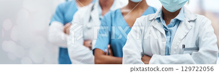 Medical banner, healthcare and doctors with arms crossed for medicine, hospital and covid insurance. Pride, expert and employees in line for consulting, cardiology and emergency services with a mask Medical banner, healthcare and doctors with arms crossed for medicine, hospital and covid insurance. Pride, expert and employees in line for consulting, cardiology and emergency services with a mask 129722056