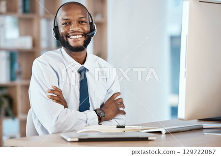 Customer support portrait, computer consulting and black man telemarketing on contact us CRM or telecom. Call center communication, online ecommerce or information technology consultant on microphone Customer support portrait, computer consulting and black man telemarketing on contact us CRM or telecom. Call center communication, online ecommerce or information technology consultant on microphone 129722067