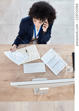 Phone call communication, office documents and woman finance conversation with stock market investment contact. Bitcoin crypto trader, top view or forex account manager networking on NFT trading talk Phone call communication, office documents and woman finance conversation with stock market investment contact. Bitcoin crypto trader, top view or forex account manager networking on NFT trading talk 129722068