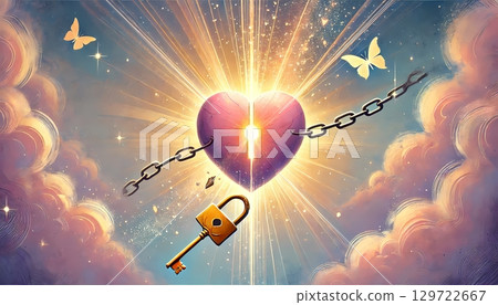 Illustration depicting the moment when the lock on the heart is released - for psychology content 129722667