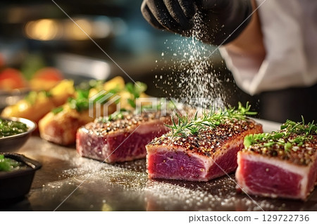 Chef adding finishing touches of salt to grilled tuna steaks Chef adding finishing touches of salt to grilled tuna steaks 129722736