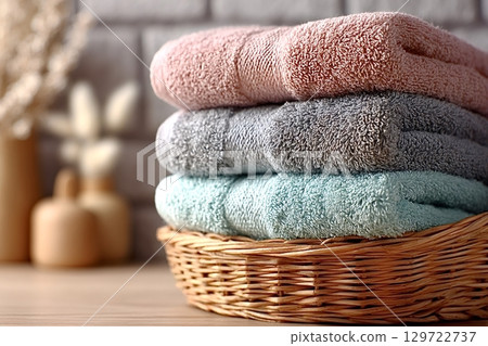 Soft and cozy towels in a wicker basket Soft and cozy towels in a wicker basket 129722737
