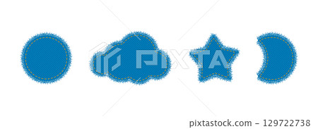 Set of Patches denim circle cloud star moon shape with stitches seam torn Frayed edges jeans label fashion illustration. Set of Patches denim circle cloud star moon shape with stitches seam torn Frayed edges jeans label fashion illustration. 129722738