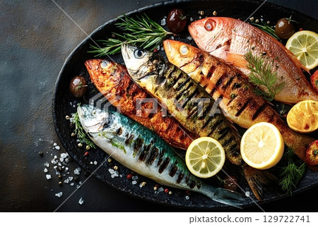 Grilled fish platter with lemon and herbs on dark background Grilled fish platter with lemon and herbs on dark background 129722741