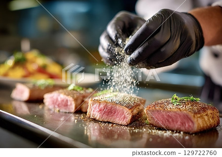 Chef sprinkling seasoning on grilled steaks in restaurant kitchen 129722760