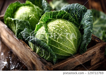 Fresh green cabbages with water drops in wooden crate 129722769