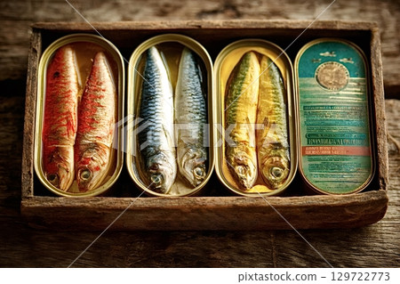 Preserved fish variety in cans displayed on rustic wooden box 129722773