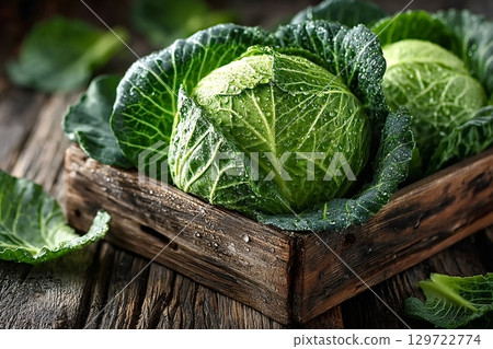 Fresh savoy cabbage with water drops in wooden crate on rustic table 129722774