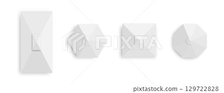 White tents top view. Gazebo umbrellas in square, hexagon and octagon shapes. Event or beach sunshades. Market canopy mockups isolated on white background. Vector realistic illustration White tents top view. Gazebo umbrellas in square, hexagon and octagon shapes. Event or beach sunshades. Market canopy mockups isolated on white background. Vector realistic illustration 129722828