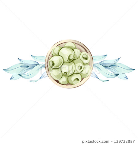 Green olives and olive oil illustrated in watercolor capturing the essence of Italian cuisine and nature's beauty frame, border, arrangement 129722887