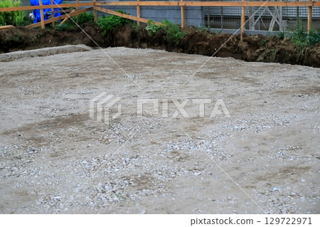 Foundation work for a house (laying the floor before pouring concrete) Foundation work for a house (laying the floor before pouring concrete) 129722971