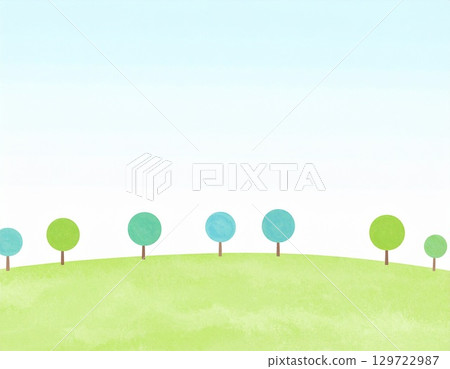 一排樹木、山丘和藍天的背景插圖 129722987