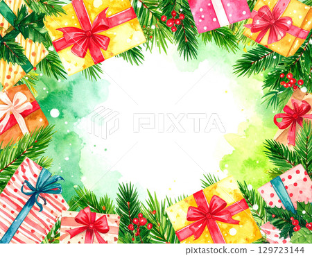 Christmas presents and ornaments with space for text in the middle 129723144