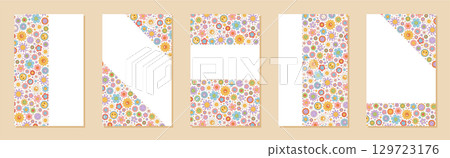 Groovy retro banner set with floral pattern. Colorful flower and smiley template gives unique y2k background as playful banner design, ideal for poster or set layout. 129723176