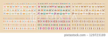 Groovy seamless border butterfly set in retro floral style. Pattern with colorful spring butterfly and moth forms. Collection of seamless border frames for modern creative projects. 129723189