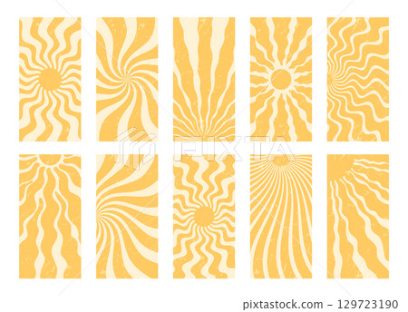 Groovy retro sun burst grungy background set features swirling yellow and orange wave elements with a y2k vibe. Abstract burst and sunshine sun shapes in vertical format for modern trendy poster 129723190