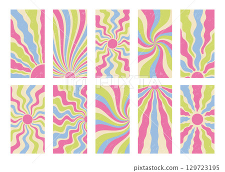 Groovy retro sun burst background with vibrant color and wavy psychedelic style in vertical orientation set. Y2k grungy sunshine burst pattern forms a unique set, with sun and bold grunge texture for 129723195