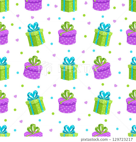 Seamless cartoon pattern of gift boxes with ribbons. Present designs feature bows, perfect for birthday celebrations. Vibrant surprise elements add festive cheer, ideal for party invites. Seamless cartoon pattern of gift boxes with ribbons. Present designs feature bows, perfect for birthday celebrations. Vibrant surprise elements add festive cheer, ideal for party invites. 129723217