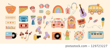 Groovy retro music party sticker set in cartoon graphic style. Cassette, record, disco and festival elements combine with y2k and groovy element for creative sticker collection. 129723227