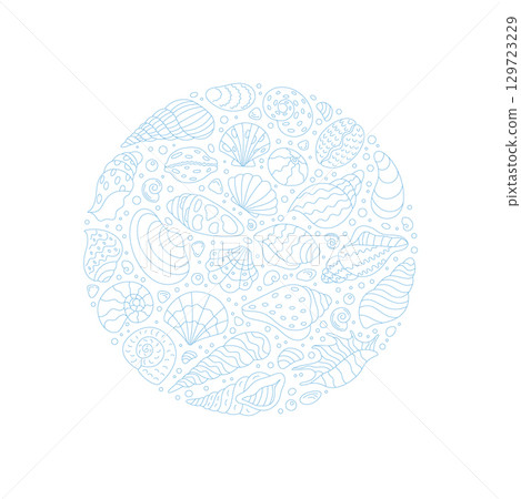 Underwater marine concept in round shape. Circular design with seashells, scallops, and conch. Ocean life and doodle elements create a unique aquatic theme, ideal for sea patterns or seamless Underwater marine concept in round shape. Circular design with seashells, scallops, and conch. Ocean life and doodle elements create a unique aquatic theme, ideal for sea patterns or seamless 129723229