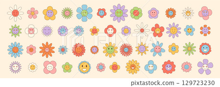 Groovy retro cute flower sticker set in colorful y2k doodle style with happy smile and playful daisy shapes. Groovy element adds fun and pop mood, perfect for creative sticker or wallpaper 129723230