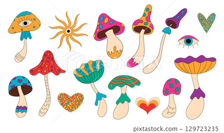 Groovy retro mushroom set in psychedelic cartoon graphic style. Magic fantasy shroom group with colorful heart and eye, y2k vibe, groovy element shapes for playful art, sticker collection, and 129723235